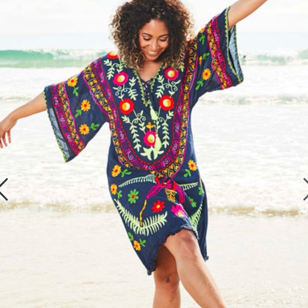 Embroidered Navy Floral Swim Coverup